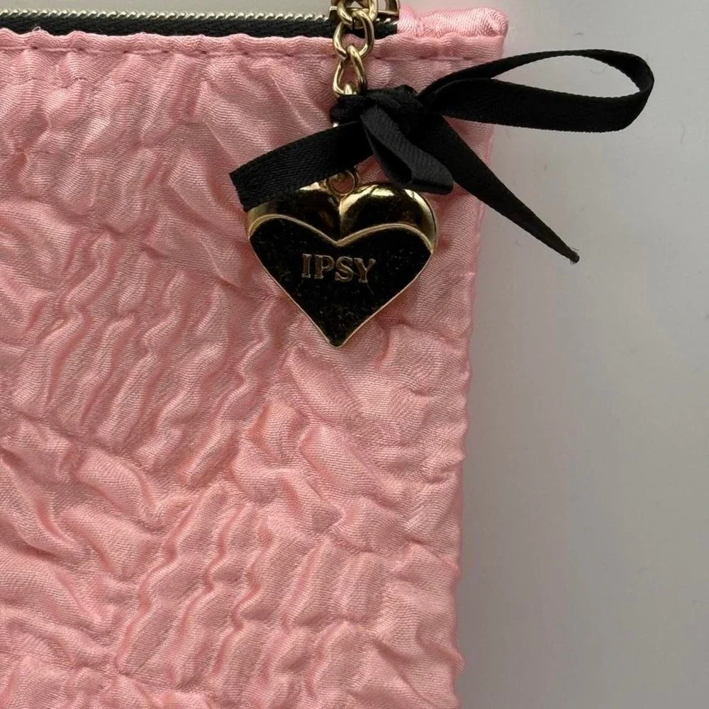 Pink Ipsy Quilted Makeup Bag Gold Heart Charm Cosmetic Pouch Travel Case